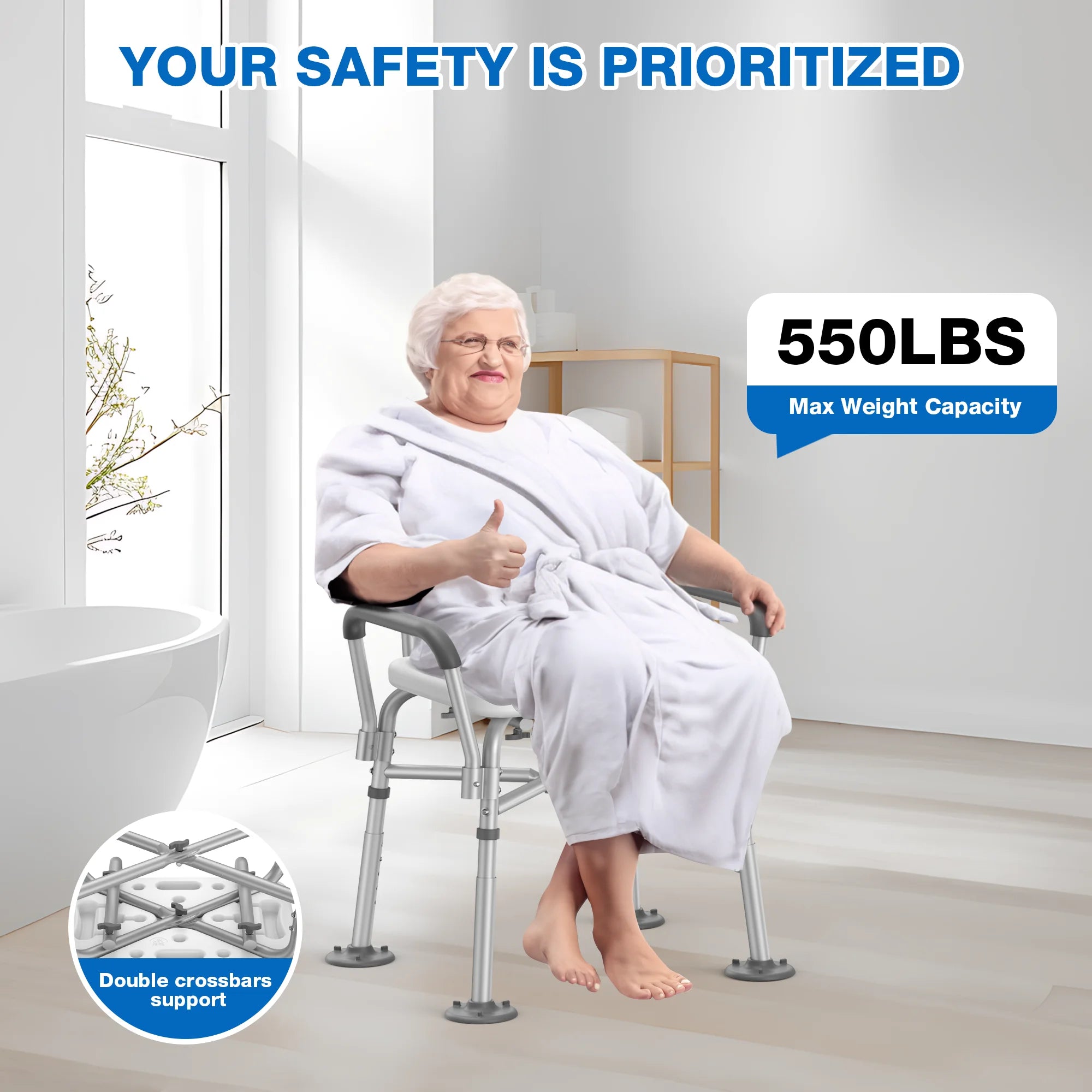 Heavy Duty Medical Shower Chair with Back and Arms - Supports Up to 550 lbs, FSA/HSA Eligible Bath Stool for Safety and Comfort in the Shower