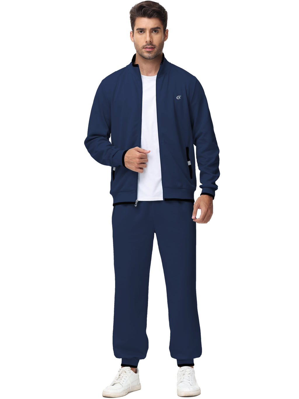 Elevate Your Activewear Game with the Men's Navy Athletic Tracksuit Set - Stylish 2-Piece Full Zip Jogging Sweatsuit in Size S