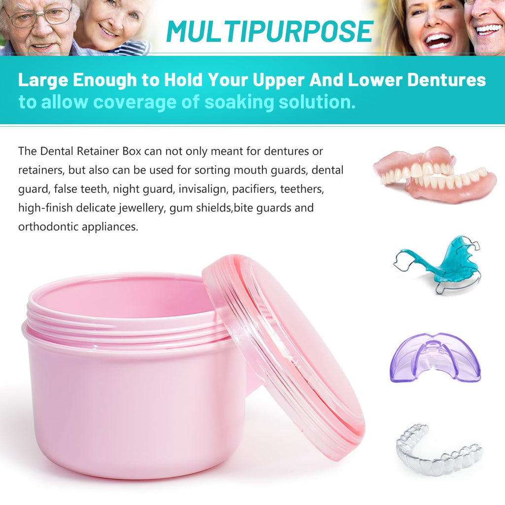 Ultimate Pink Denture Care Kit: Waterproof Case with Brush & Rinsing Basket for Easy Soaking and Cleaning