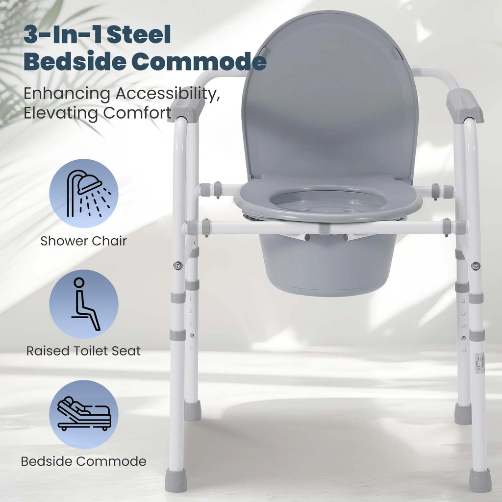 3-In-1 Medical Bedside Commode for Seniors, Portable Toilet Raised Seat, Steel Frame 300 Lb. Weight Capacity