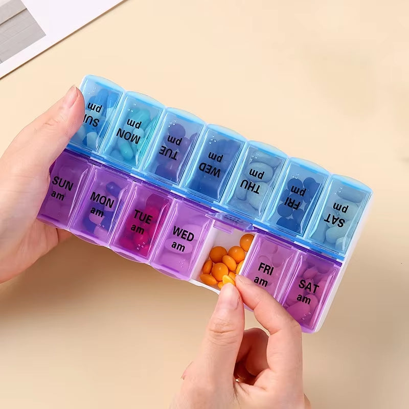 Weekly Pill Organizer: 7 Day Double Row Medicine Storage Box with 14 Compartments for Easy Medication Management