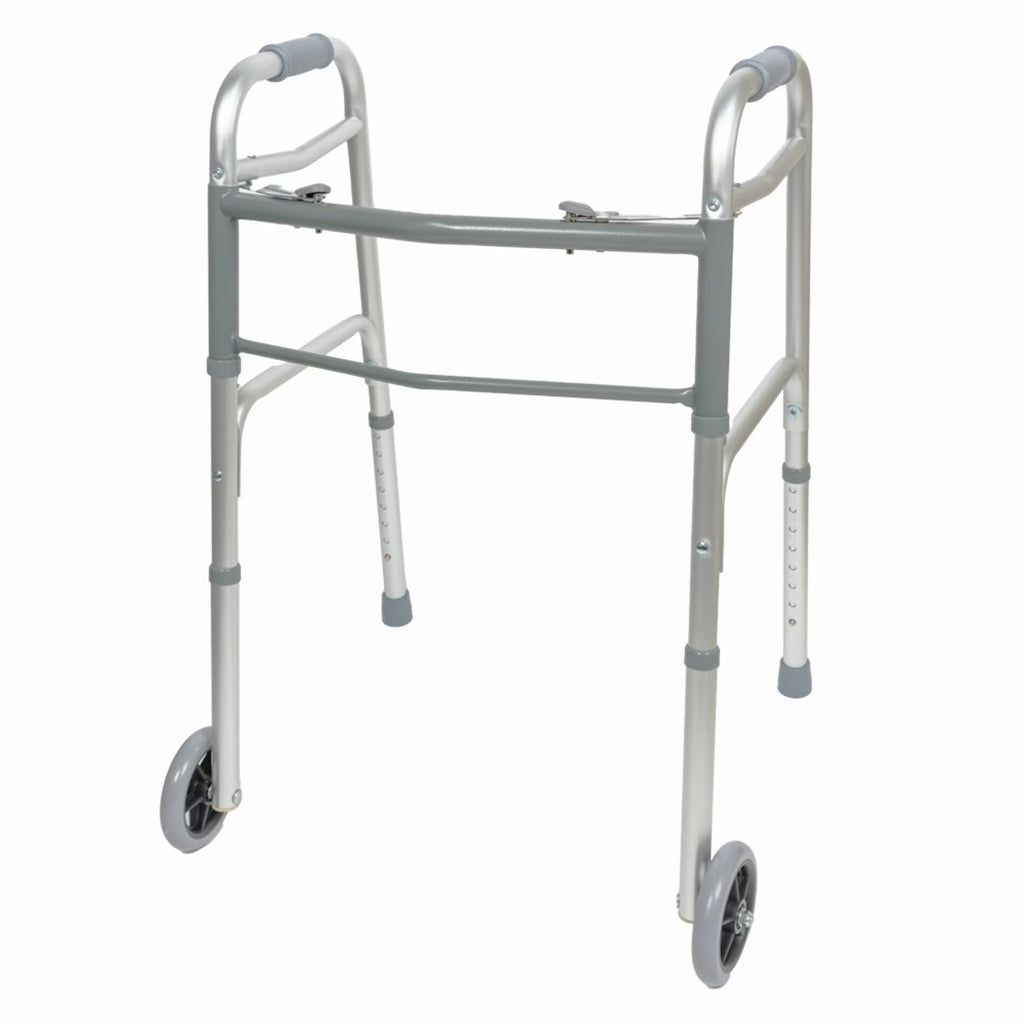 Lightweight Two Button Folding Walker with Wheels - Perfect Mobility Aid for Seniors and Adults with 300 lb Capacity