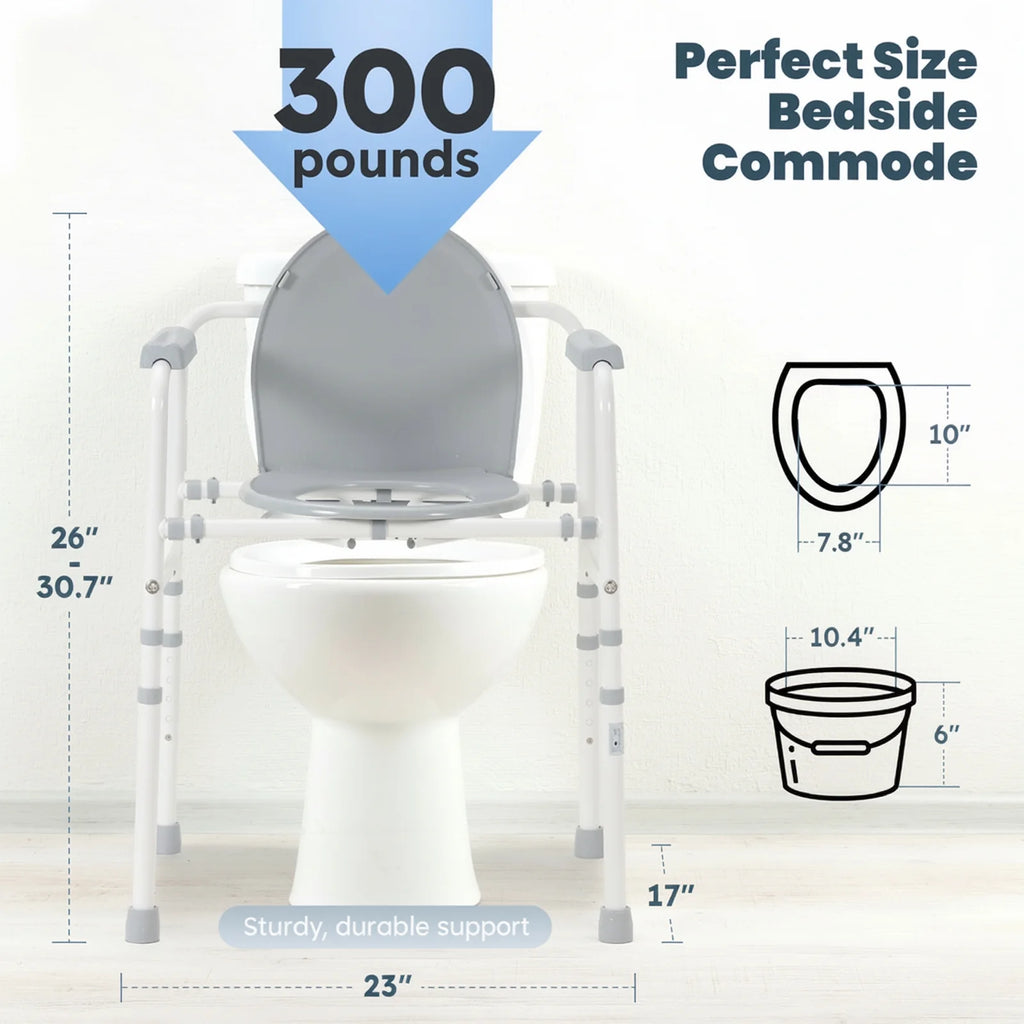 3-In-1 Medical Bedside Commode for Seniors, Portable Toilet Raised Seat, Steel Frame 300 Lb. Weight Capacity