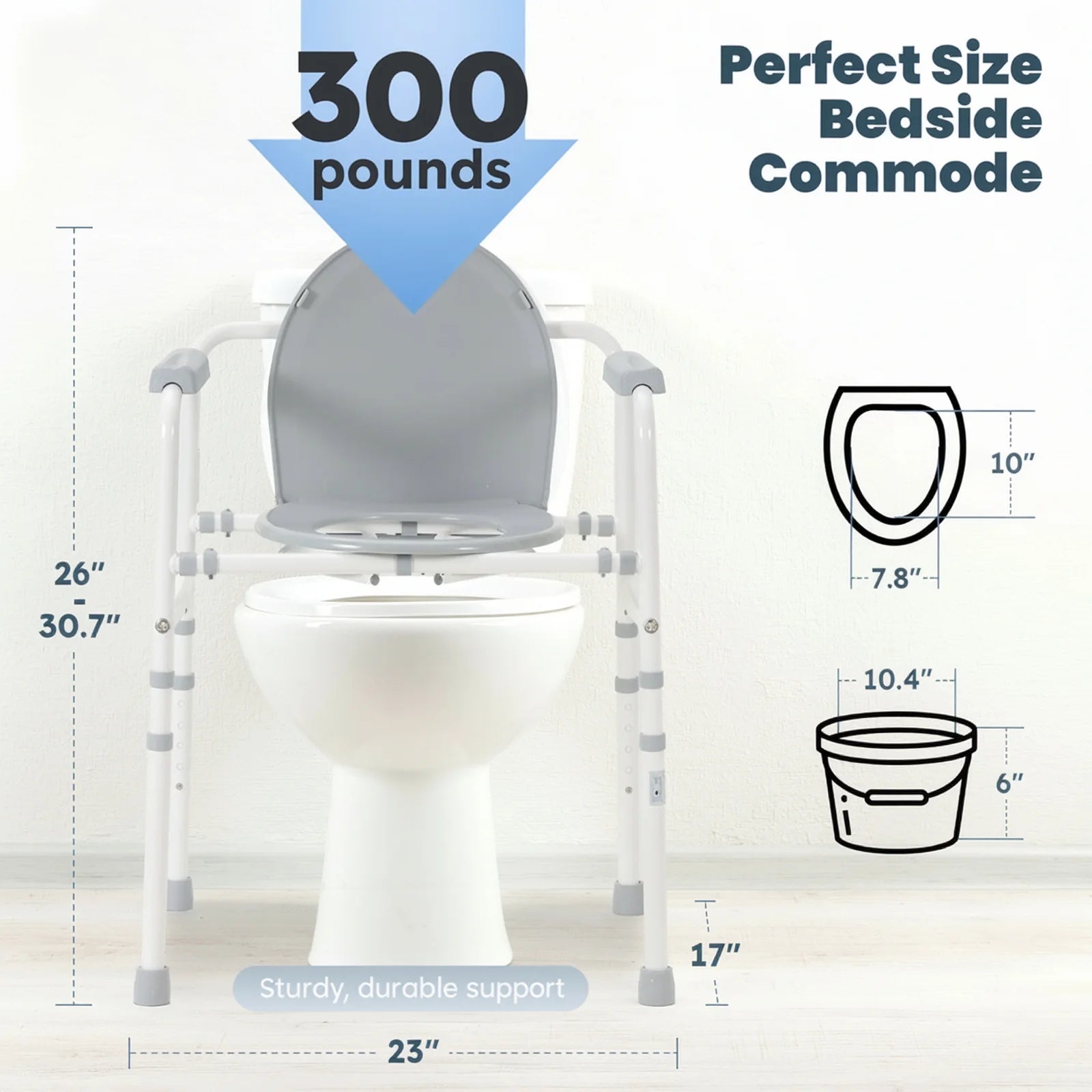 3-In-1 Medical Bedside Commode for Seniors, Portable Toilet Raised Seat, Steel Frame 300 Lb. Weight Capacity
