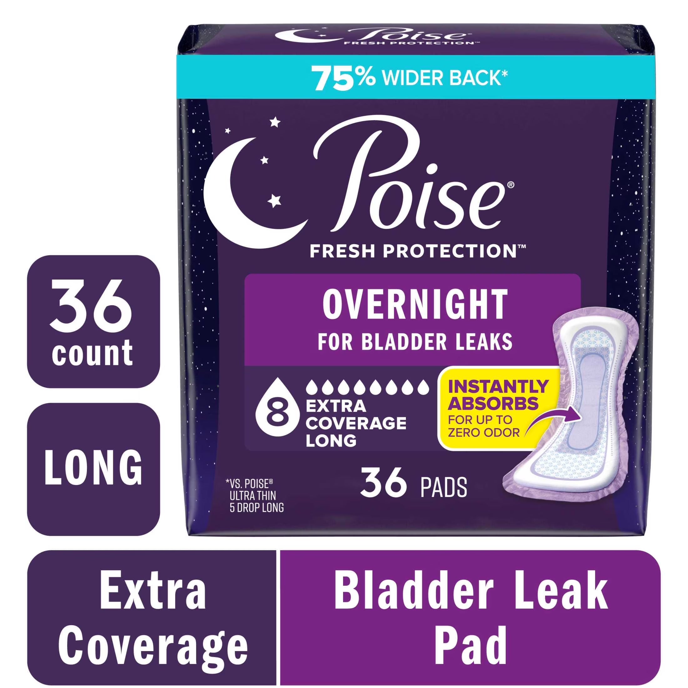 Experience Unmatched Overnight Protection with Poise Overnight Incontinence & Postpartum Pads – 36 Count, 8 Drop Extra Coverage for Ultimate Comfort