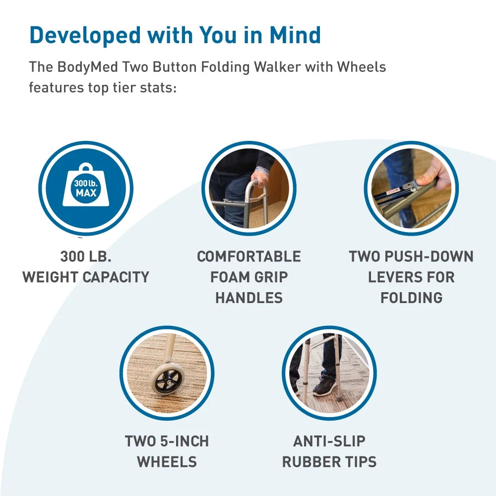 Lightweight Two Button Folding Walker with Wheels - Perfect Mobility Aid for Seniors and Adults with 300 lb Capacity