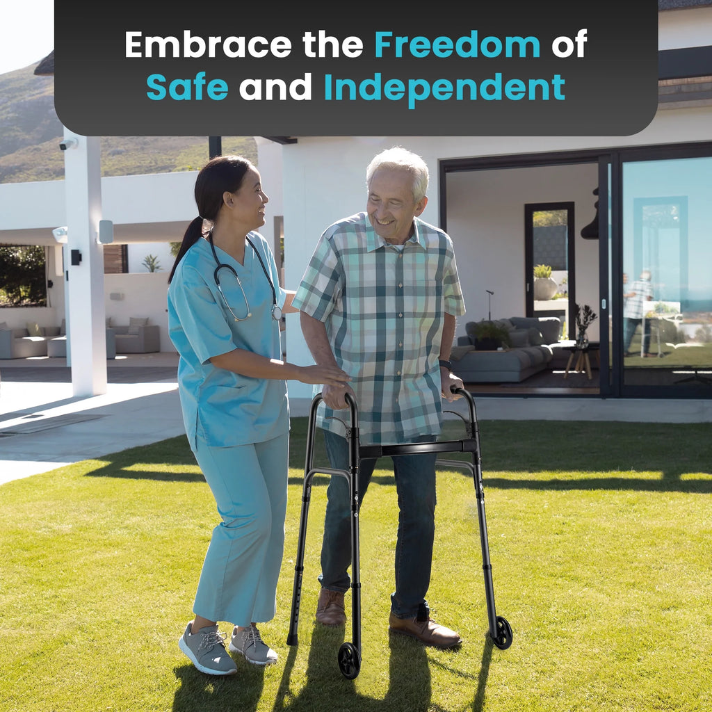 Experience Effortless Mobility with the Deluxe Compact Folding Walker for Seniors & Adults - Lightweight Aluminum Design, 5" Wheels, and 300 lb Capacity