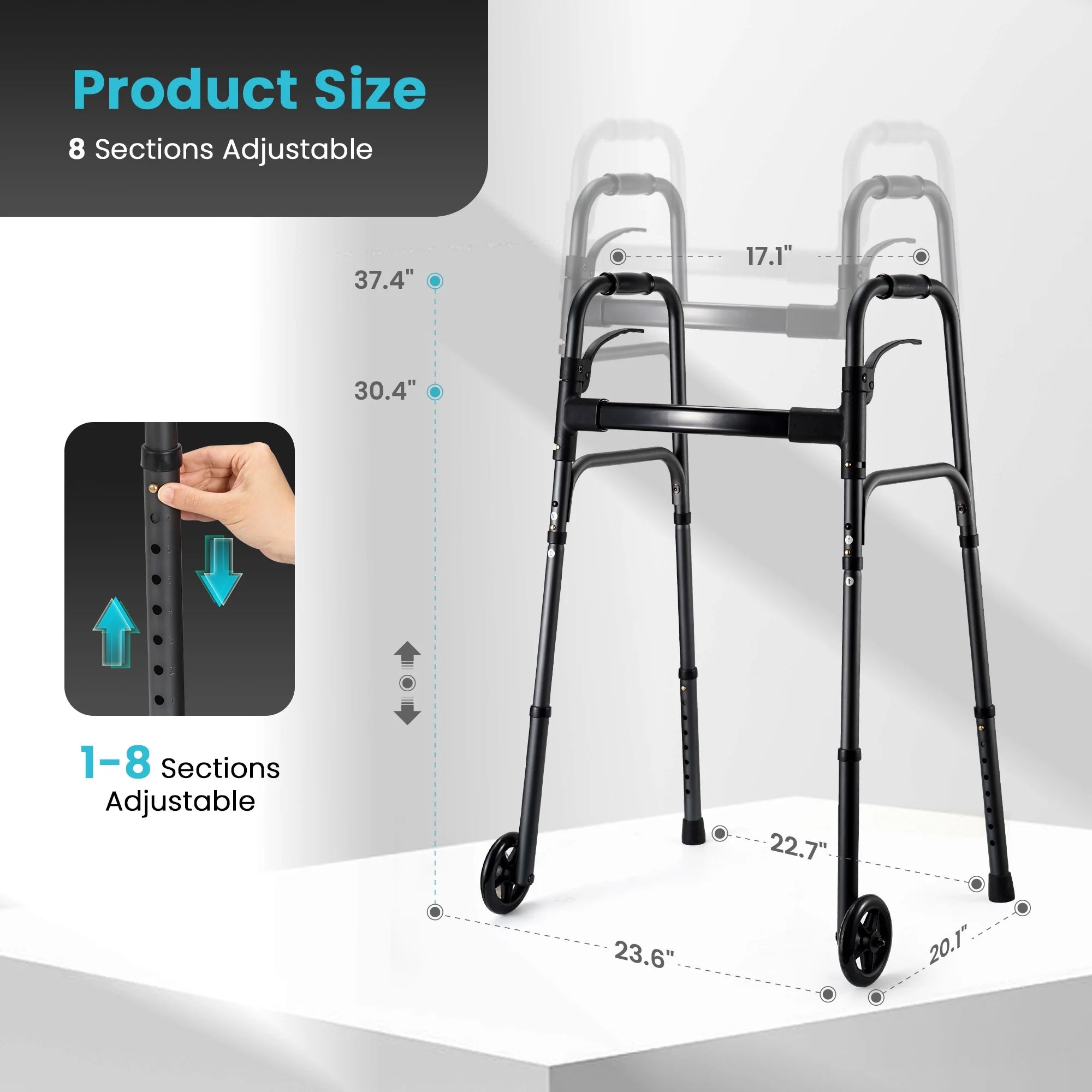 Experience Effortless Mobility with the Deluxe Compact Folding Walker for Seniors & Adults - Lightweight Aluminum Design, 5" Wheels, and 300 lb Capacity