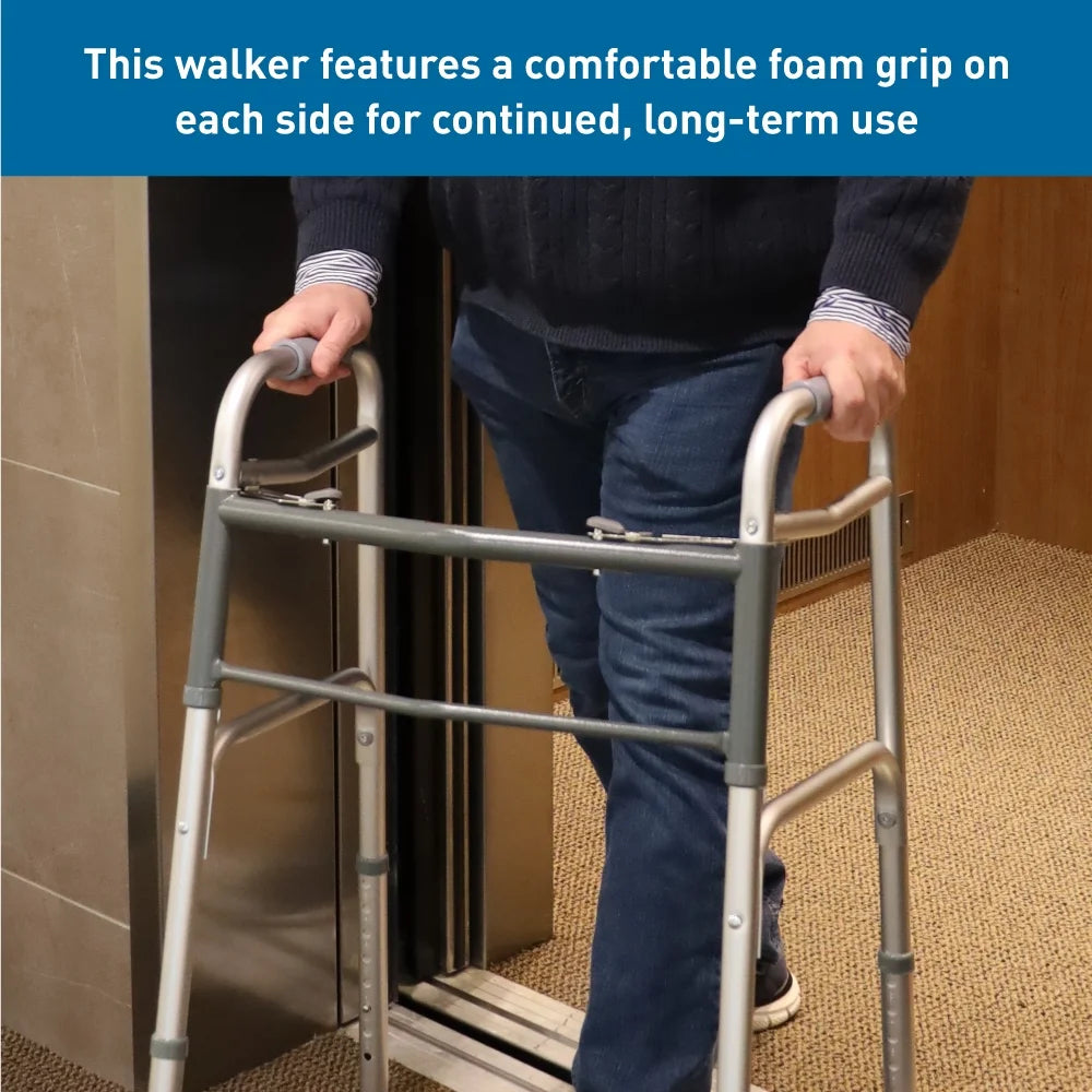 Lightweight Two Button Folding Walker with Wheels - Perfect Mobility Aid for Seniors and Adults with 300 lb Capacity