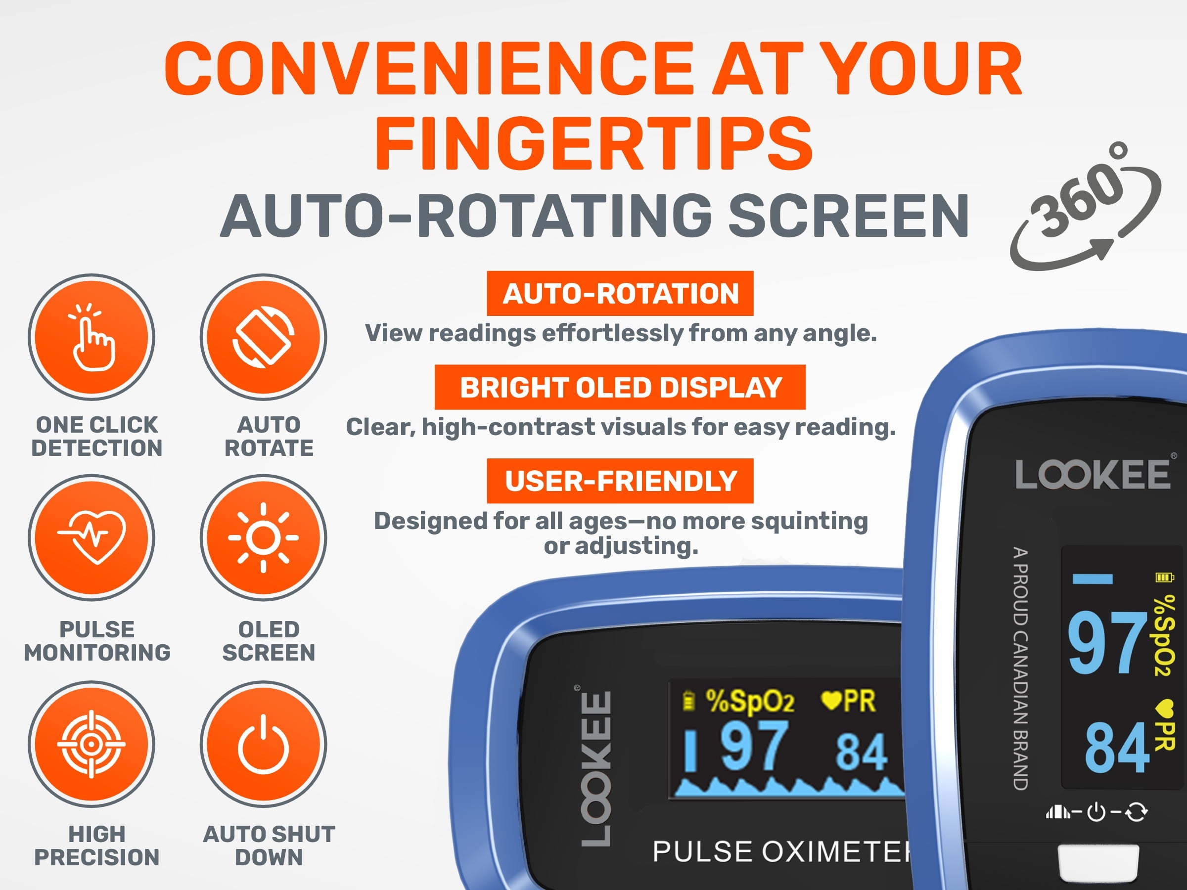 Experience Unmatched Precision with the LOOKEE Premium Fingertip Pulse Oximeter | FSA/HSA Eligible Oxygen Monitor with Auto-Rotate OLED Display & Essential Accessories Included