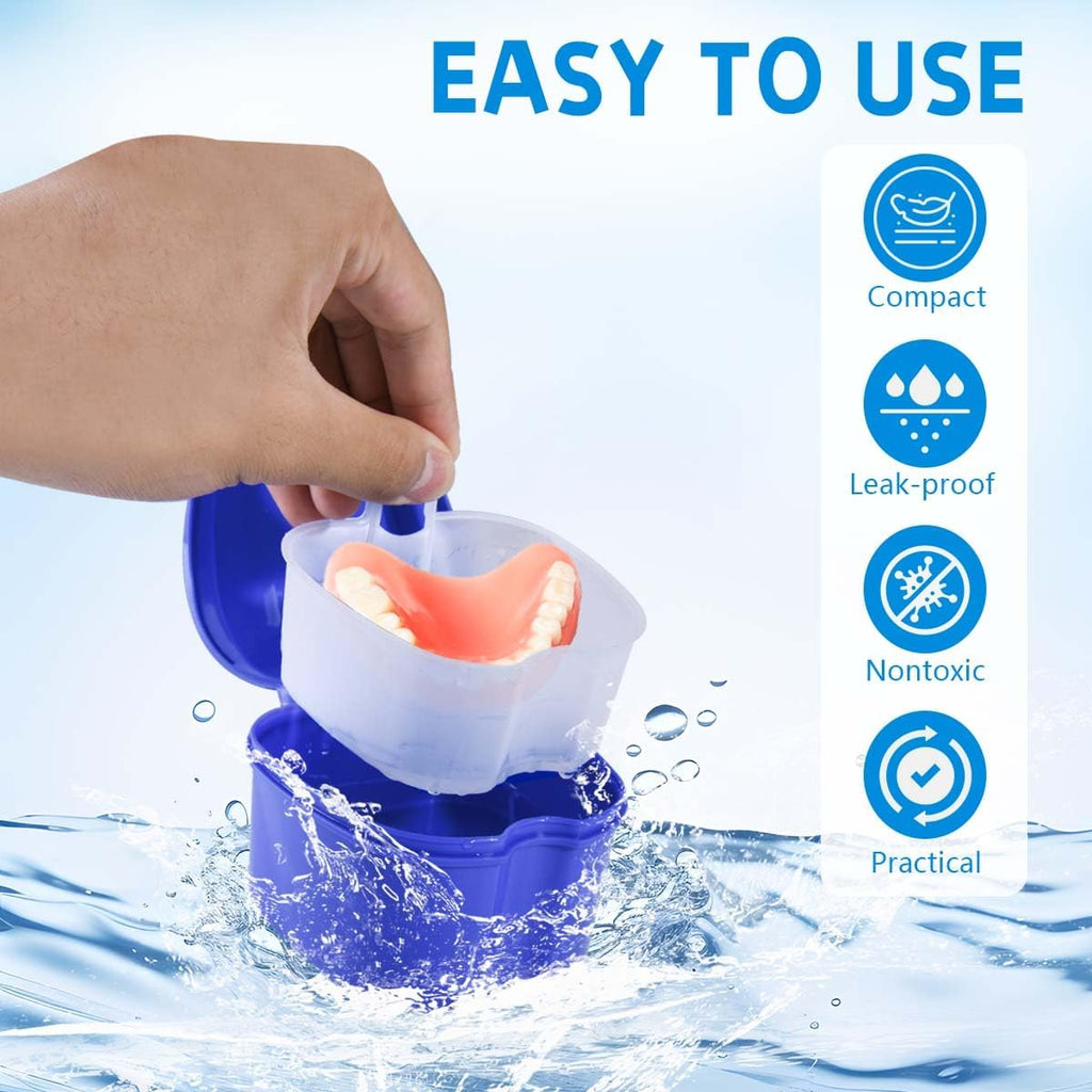 Denture Bath Case Cup Holder Set with Strainer Basket - Convenient 2 Pack for Travel and Cleaning in Light Blue and Blue
