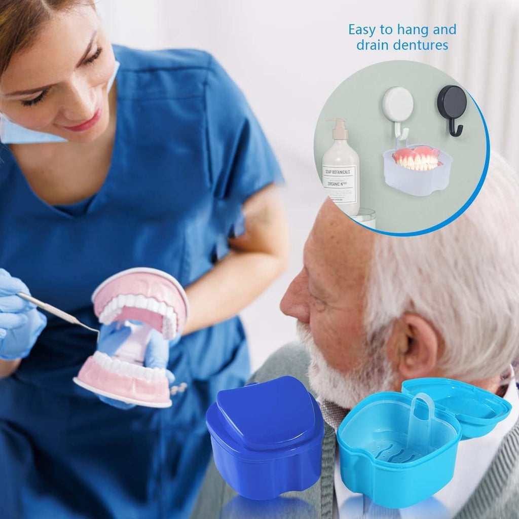 Denture Bath Case Cup Holder Set with Strainer Basket - Convenient 2 Pack for Travel and Cleaning in Light Blue and Blue