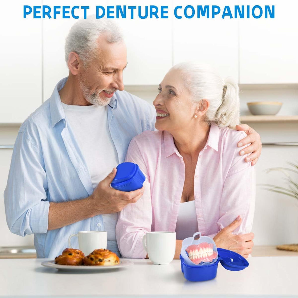 Denture Bath Case Cup Holder Set with Strainer Basket - Convenient 2 Pack for Travel and Cleaning in Light Blue and Blue