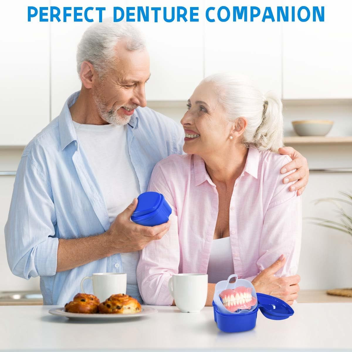 Denture Bath Case Cup Holder Set with Strainer Basket - Convenient 2 Pack for Travel and Cleaning in Light Blue and Blue