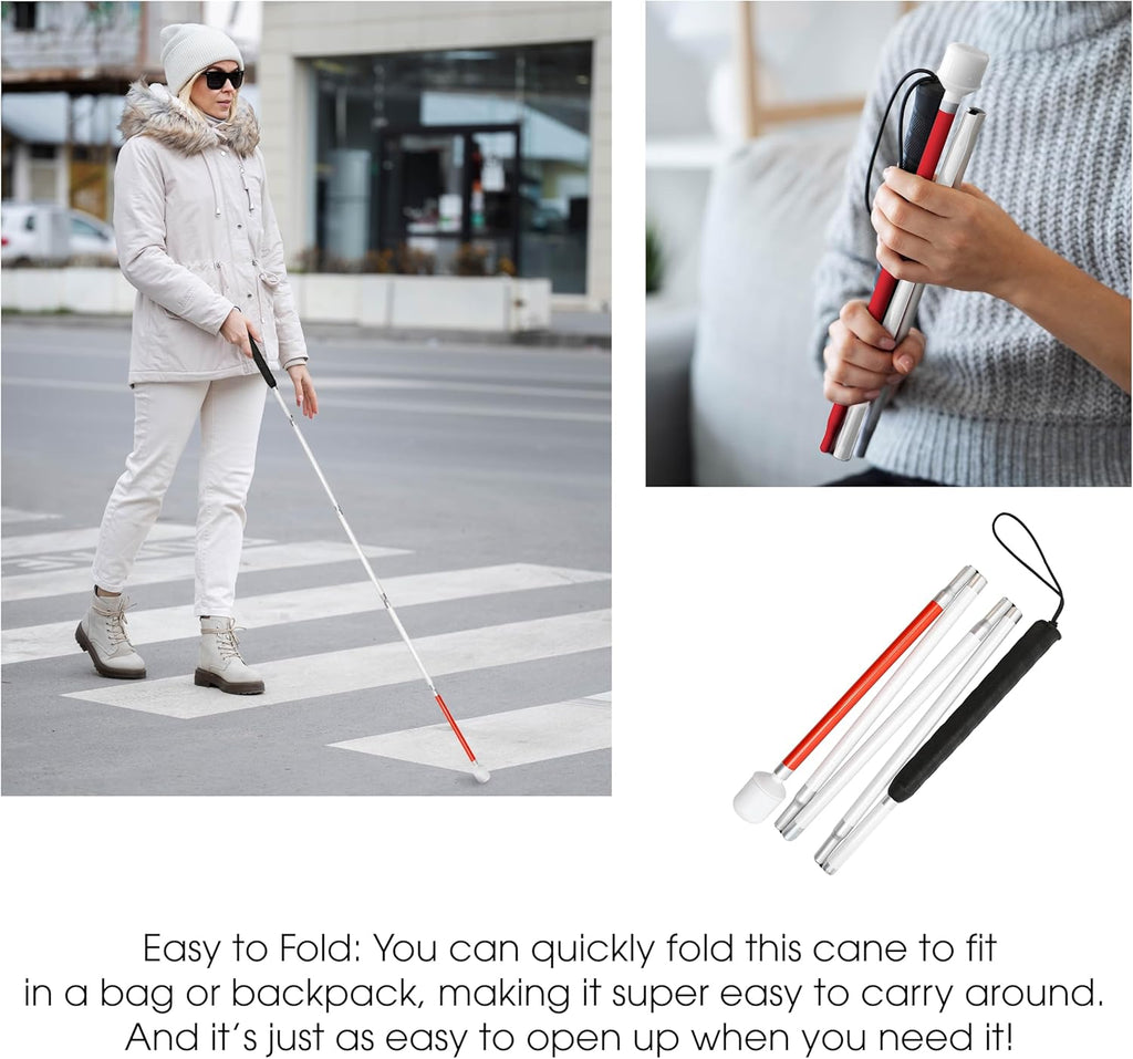 Premium Reflective Blind Cane Stick - Foldable Mobility Aid in Red, White & Black