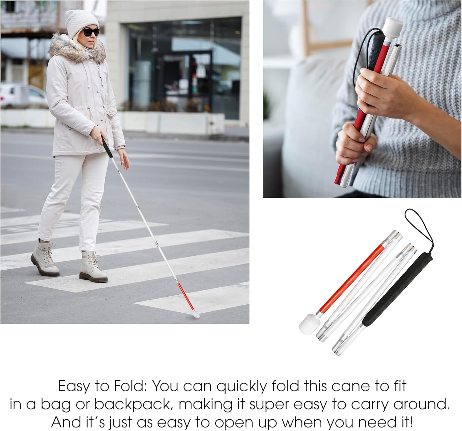 Premium Reflective Blind Cane Stick - Foldable Mobility Aid in Red, White & Black