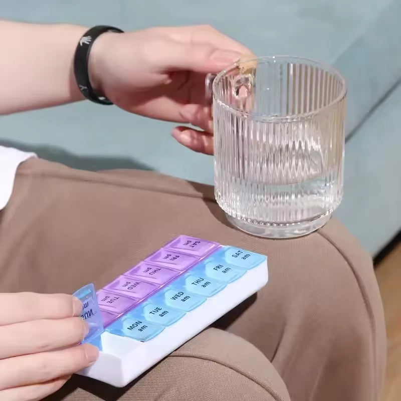 Weekly Pill Organizer: 7 Day Double Row Medicine Storage Box with 14 Compartments for Easy Medication Management