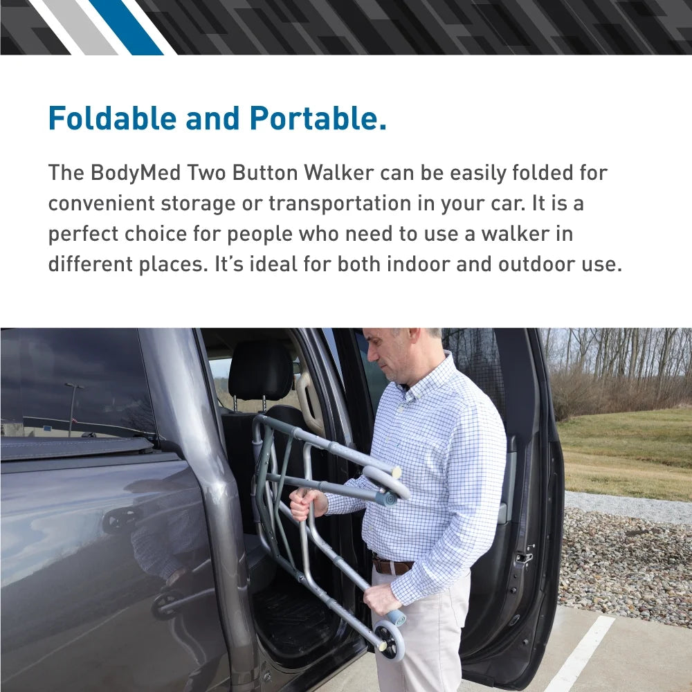 Lightweight Two Button Folding Walker with Wheels - Perfect Mobility Aid for Seniors and Adults with 300 lb Capacity
