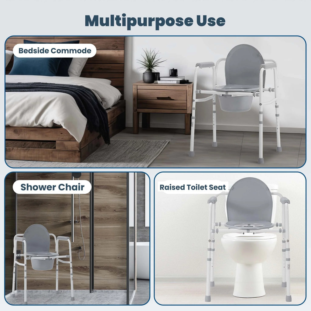 3-In-1 Medical Bedside Commode for Seniors, Portable Toilet Raised Seat, Steel Frame 300 Lb. Weight Capacity