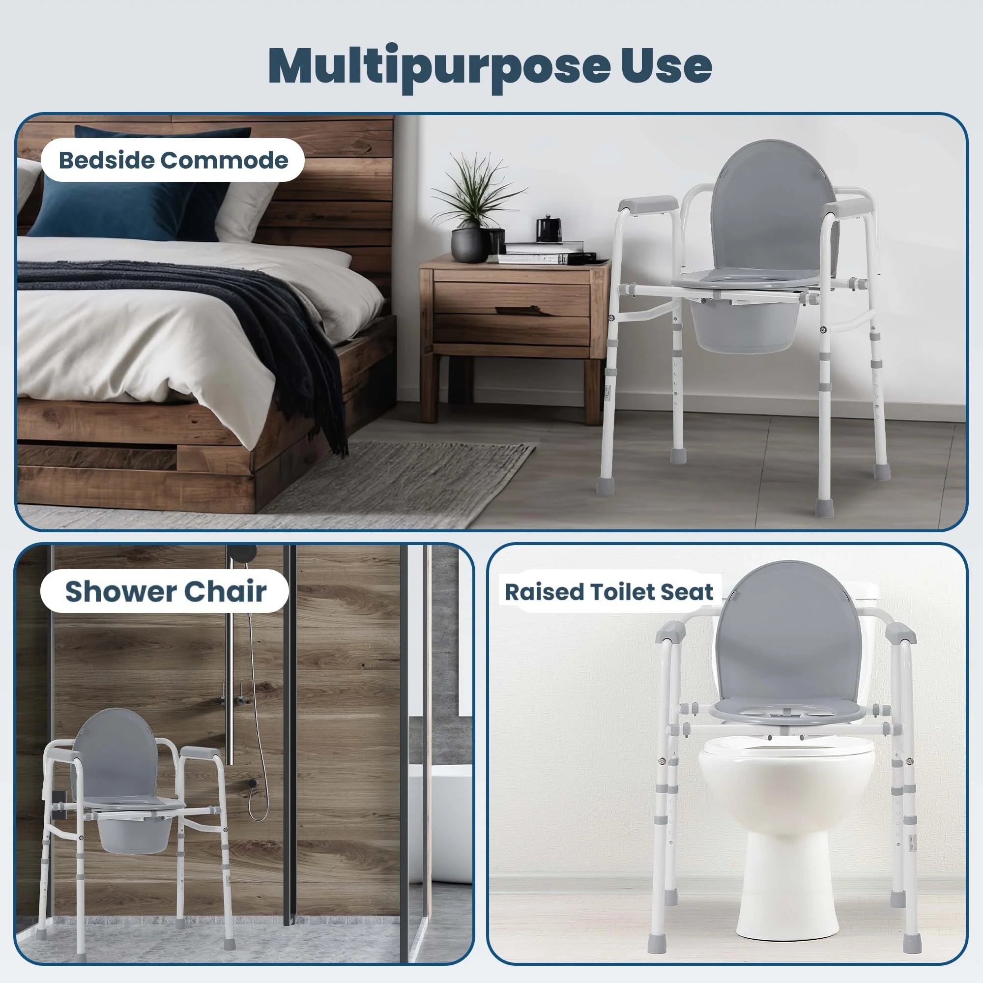 3-In-1 Medical Bedside Commode for Seniors, Portable Toilet Raised Seat, Steel Frame 300 Lb. Weight Capacity