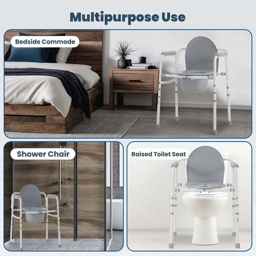 3-In-1 Medical Bedside Commode for Seniors, Portable Toilet Raised Seat, Steel Frame 300 Lb. Weight Capacity