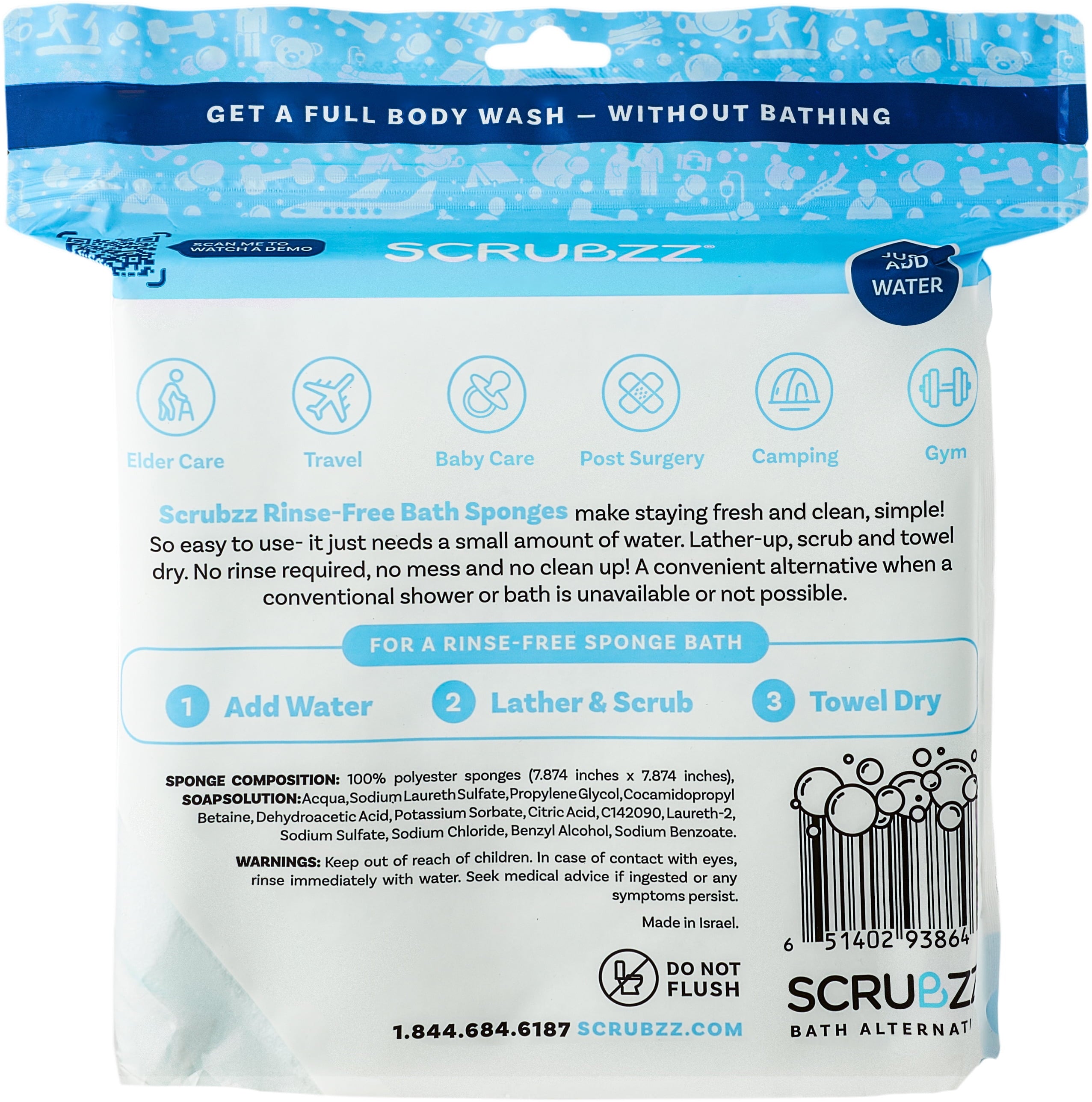Experience Ultimate Freshness with Scrubzz Rinse Free Bath Sponges - 25 Convenient Wipes in One Pack