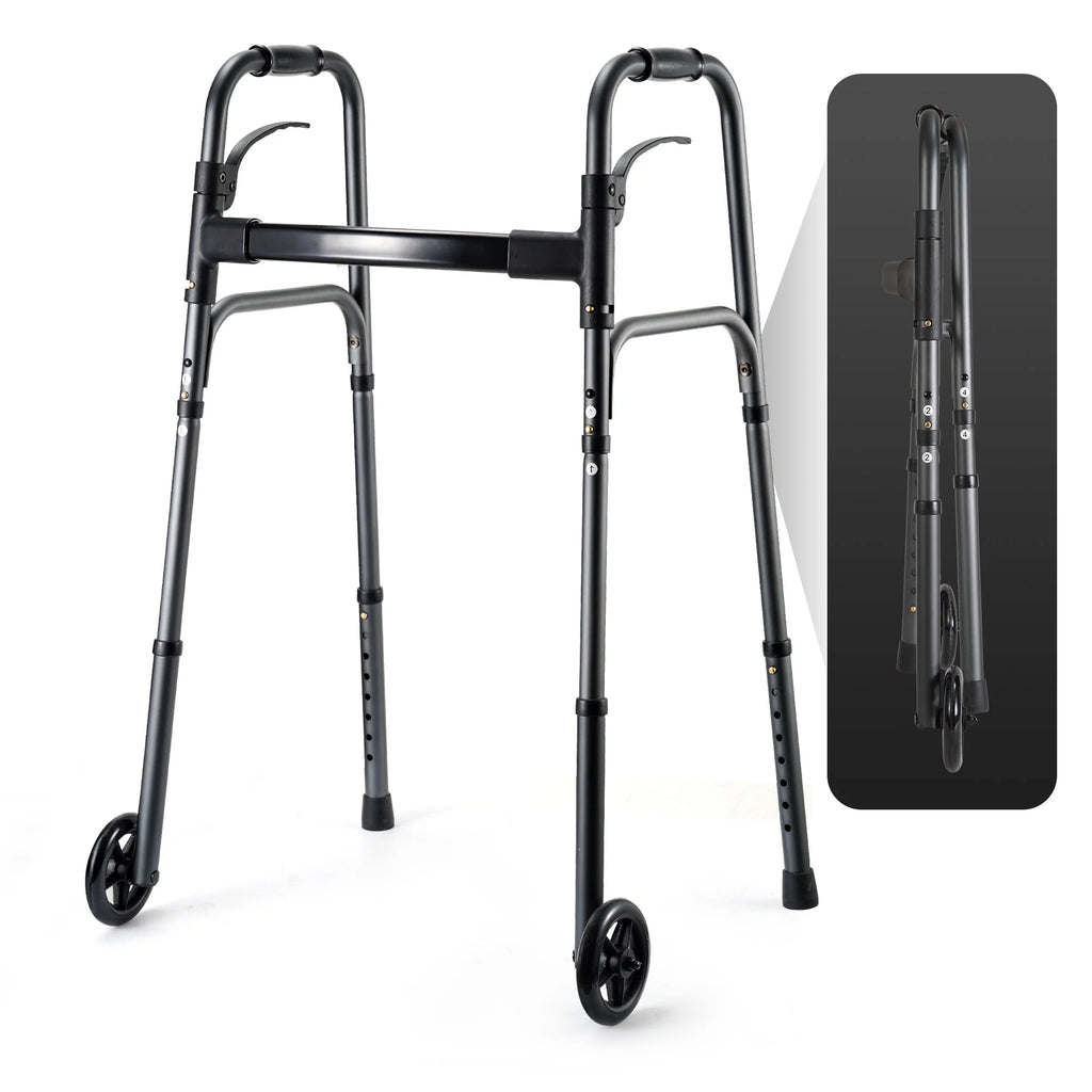 Experience Effortless Mobility with the Deluxe Compact Folding Walker for Seniors & Adults - Lightweight Aluminum Design, 5" Wheels, and 300 lb Capacity