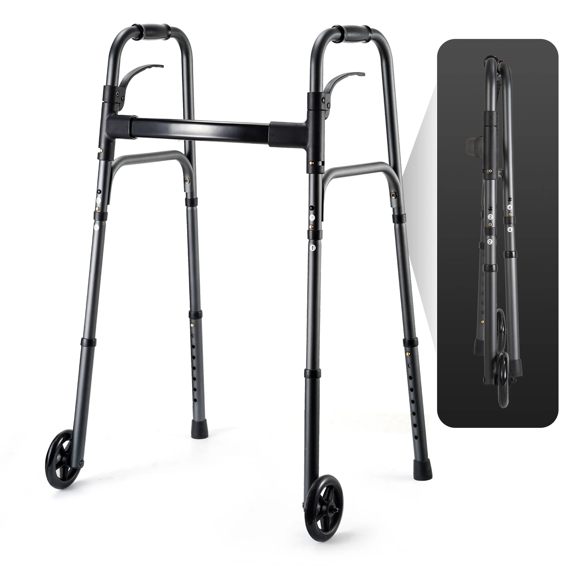Experience Effortless Mobility with the Deluxe Compact Folding Walker for Seniors & Adults - Lightweight Aluminum Design, 5" Wheels, and 300 lb Capacity