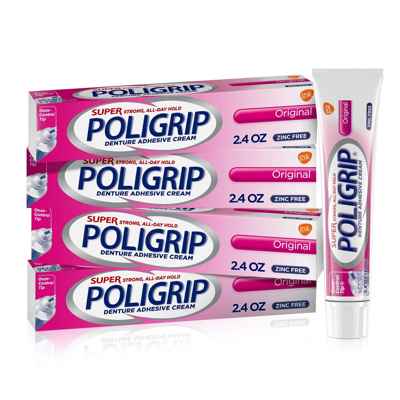 Experience All-Day Confidence with Super Poligrip Original Denture Adhesive Cream - Zinc Free 4 Pack of 2.4 Oz Tubes