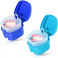 Denture Bath Case Cup Holder Set with Strainer Basket - Convenient 2 Pack for Travel and Cleaning in Light Blue and Blue