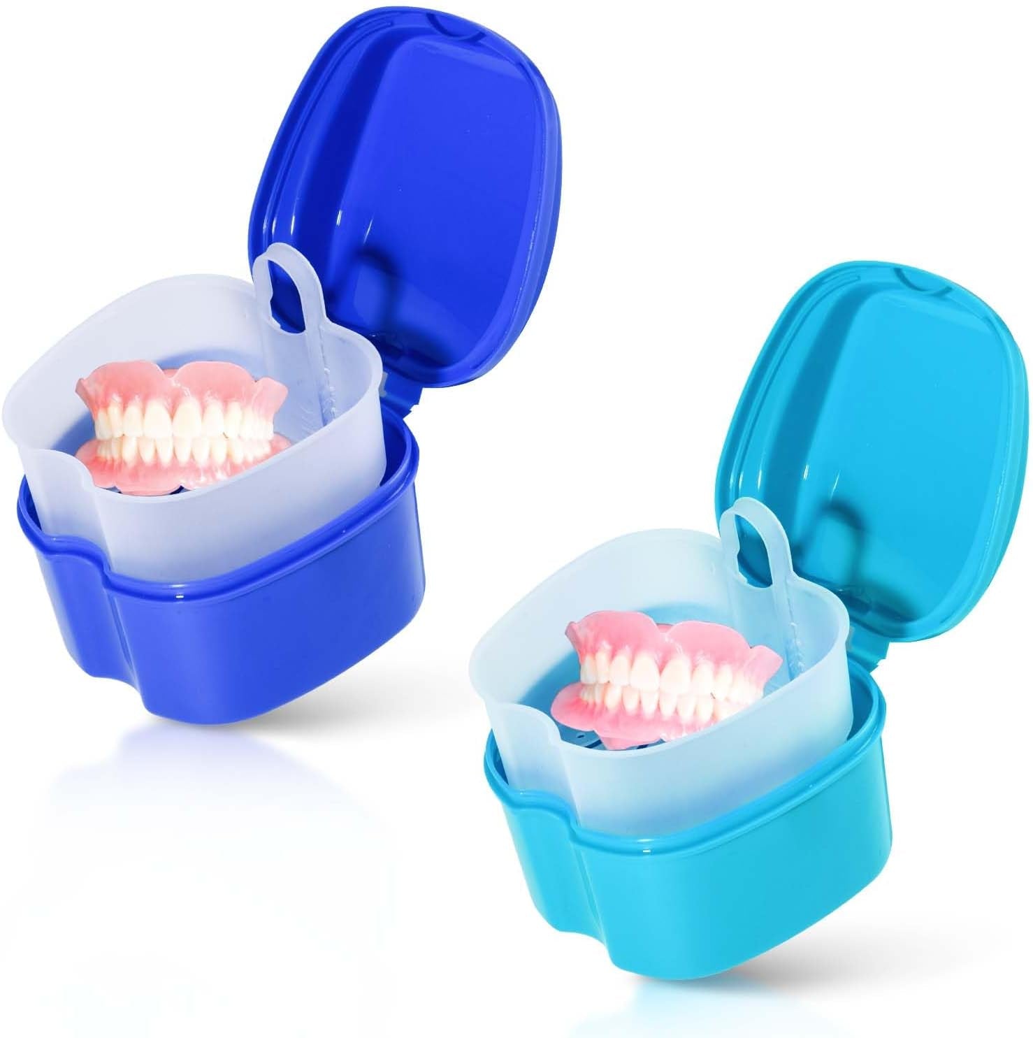 Denture Bath Case Cup Holder Set with Strainer Basket - Convenient 2 Pack for Travel and Cleaning in Light Blue and Blue