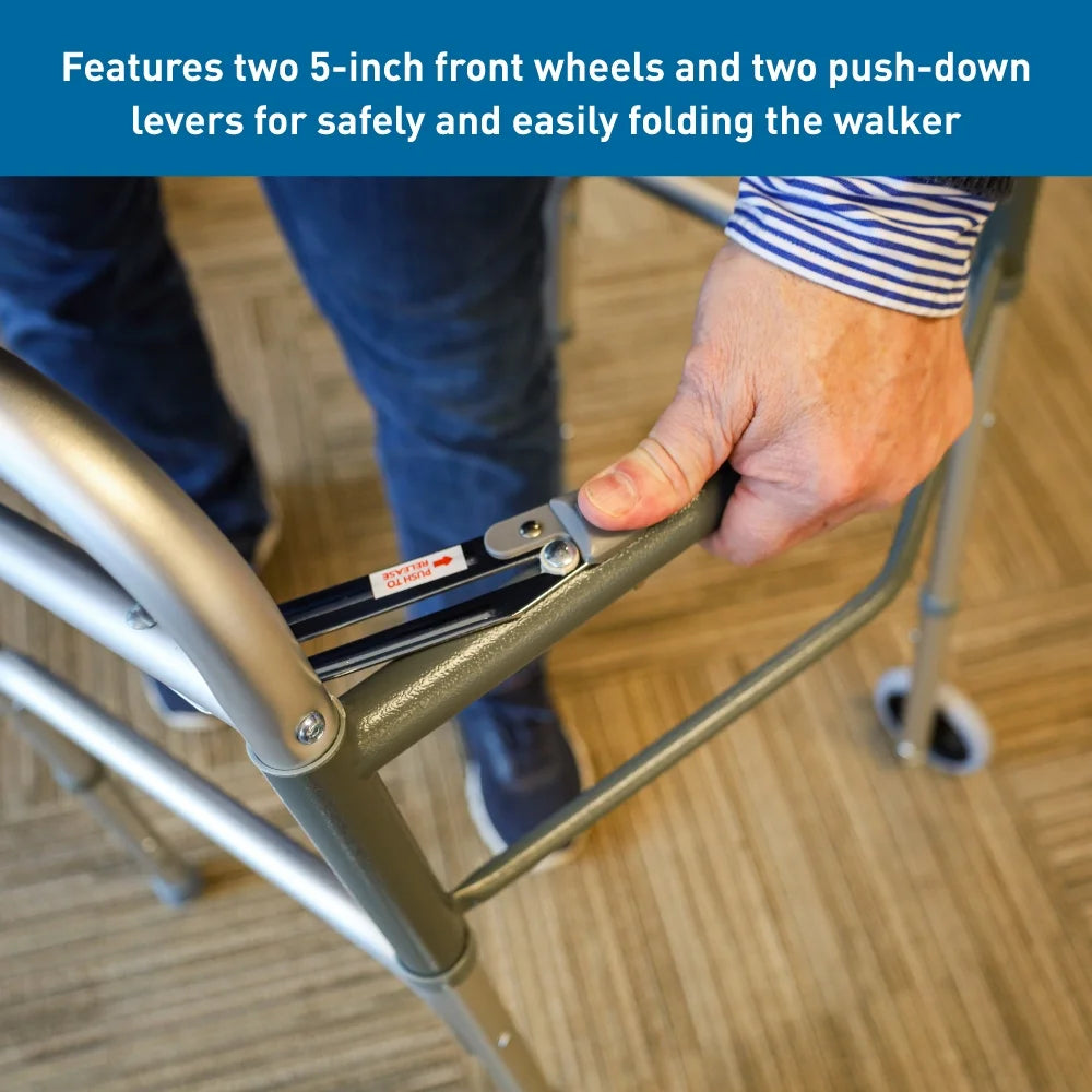 Lightweight Two Button Folding Walker with Wheels - Perfect Mobility Aid for Seniors and Adults with 300 lb Capacity
