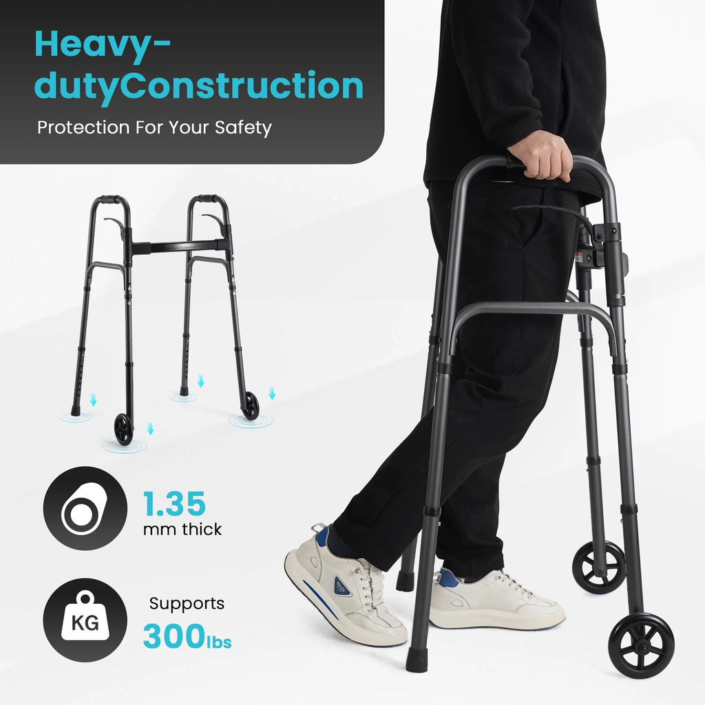 Experience Effortless Mobility with the Deluxe Compact Folding Walker for Seniors & Adults - Lightweight Aluminum Design, 5" Wheels, and 300 lb Capacity