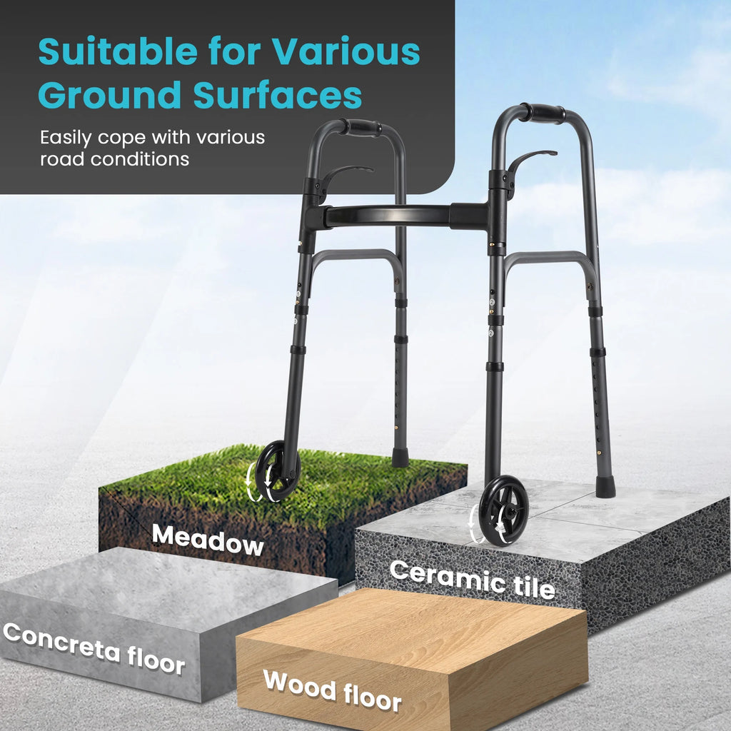 Experience Effortless Mobility with the Deluxe Compact Folding Walker for Seniors & Adults - Lightweight Aluminum Design, 5" Wheels, and 300 lb Capacity