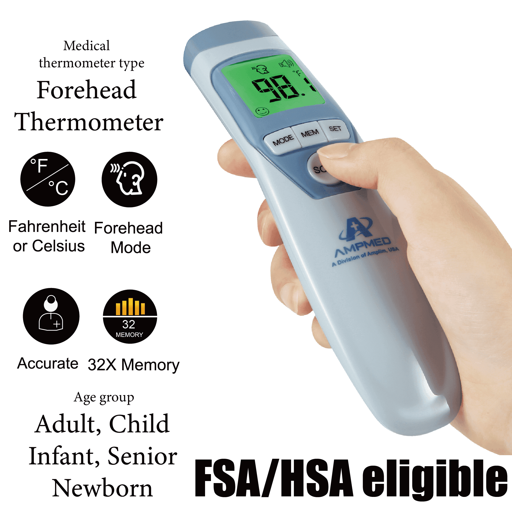Reliable Non-Contact Digital Thermometer for All Ages - Instant Fever Readings for Adults, Infants, and Kids - FSA HSA Approved