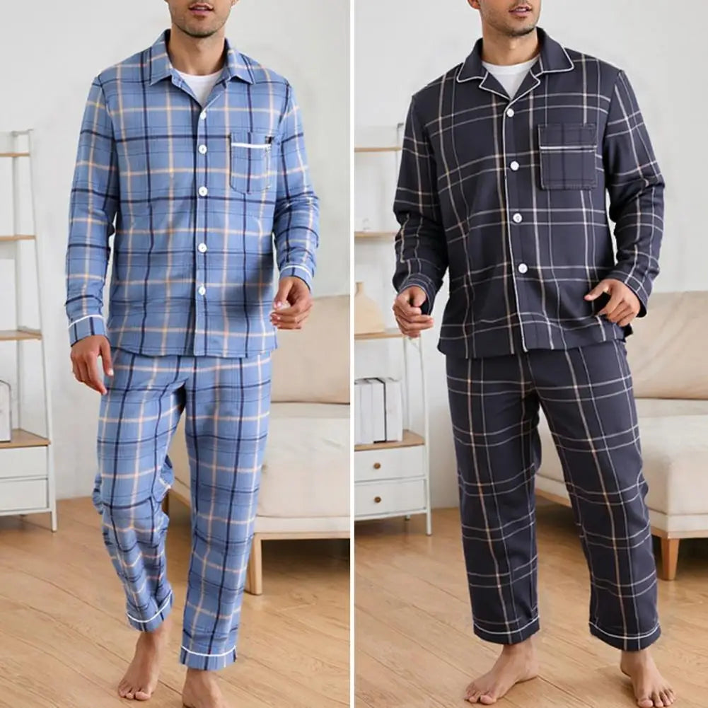 2Pcs Mens Pajamas Set Long Sleeve Sleepwear