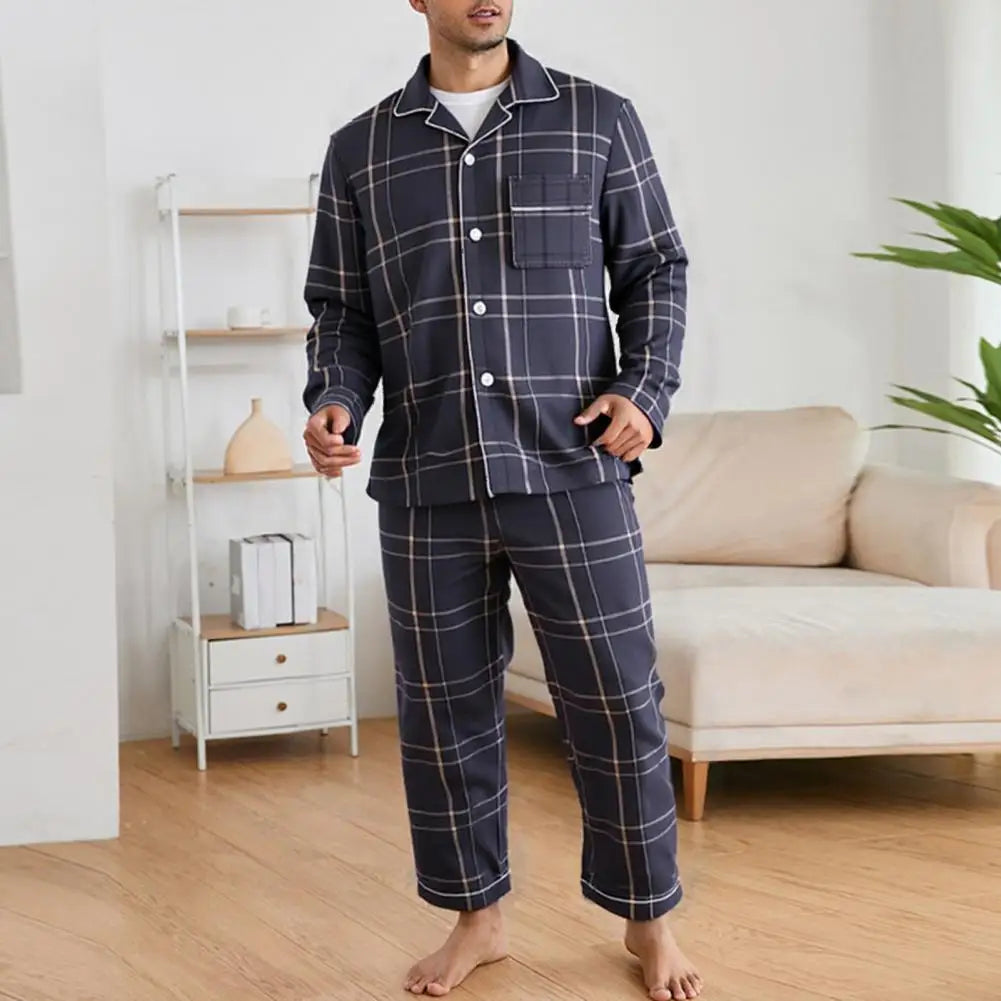 2Pcs Mens Pajamas Set Long Sleeve Sleepwear