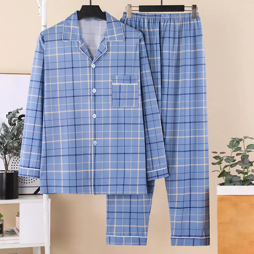 2Pcs Mens Pajamas Set Long Sleeve Sleepwear