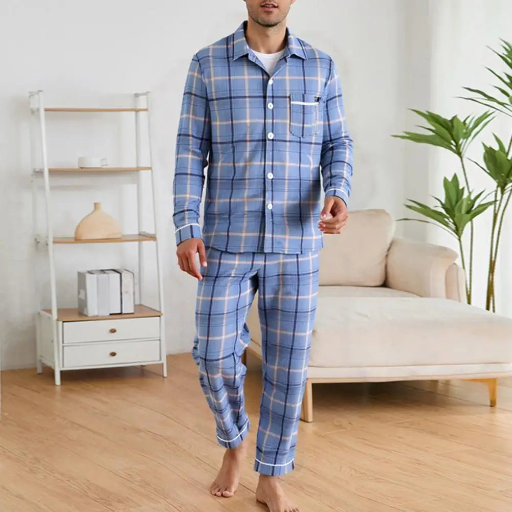 2Pcs Mens Pajamas Set Long Sleeve Sleepwear