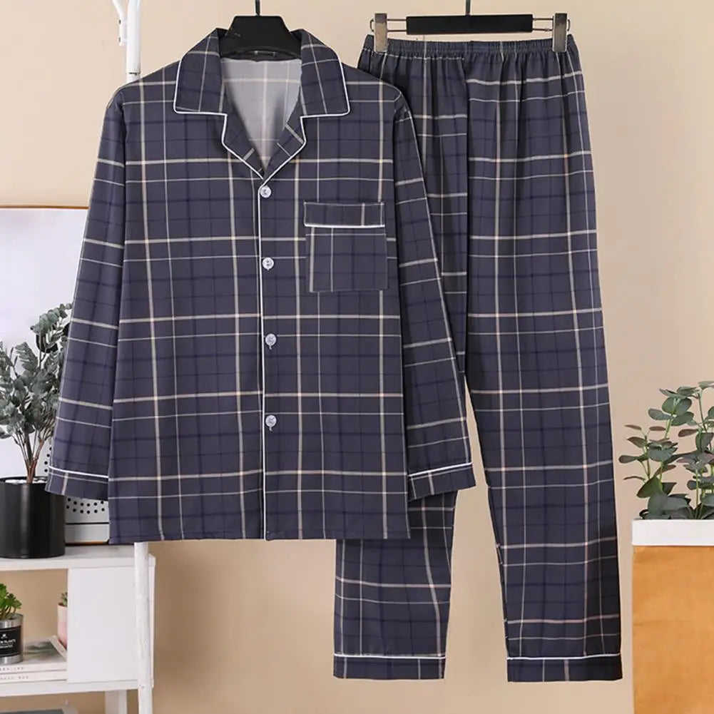 2Pcs Mens Pajamas Set Long Sleeve Sleepwear