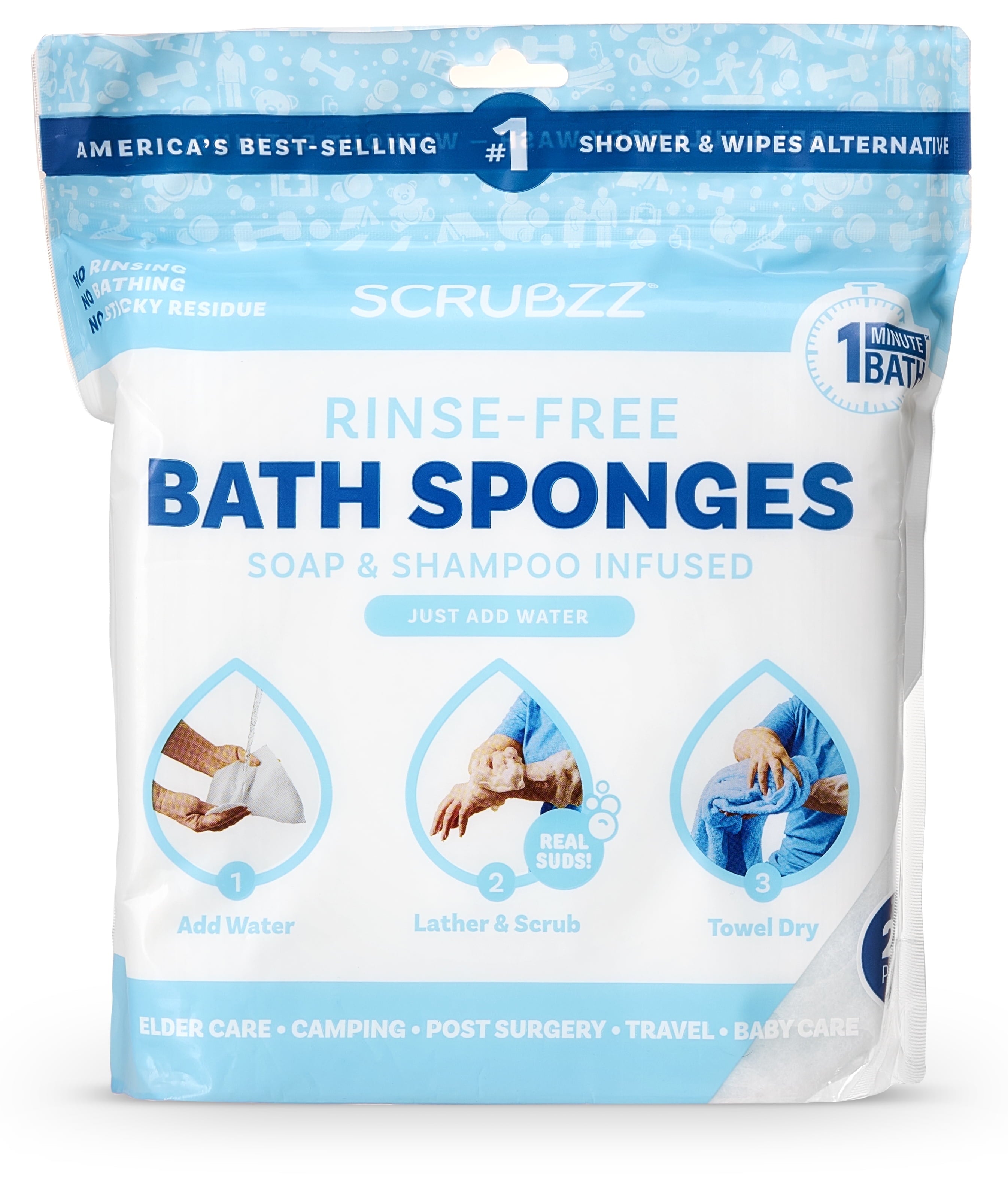 Experience Ultimate Freshness with Scrubzz Rinse Free Bath Sponges - 25 Convenient Wipes in One Pack