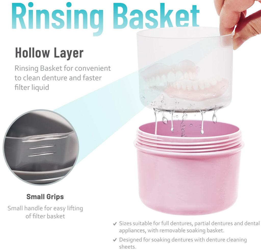 Ultimate Pink Denture Care Kit: Waterproof Case with Brush & Rinsing Basket for Easy Soaking and Cleaning