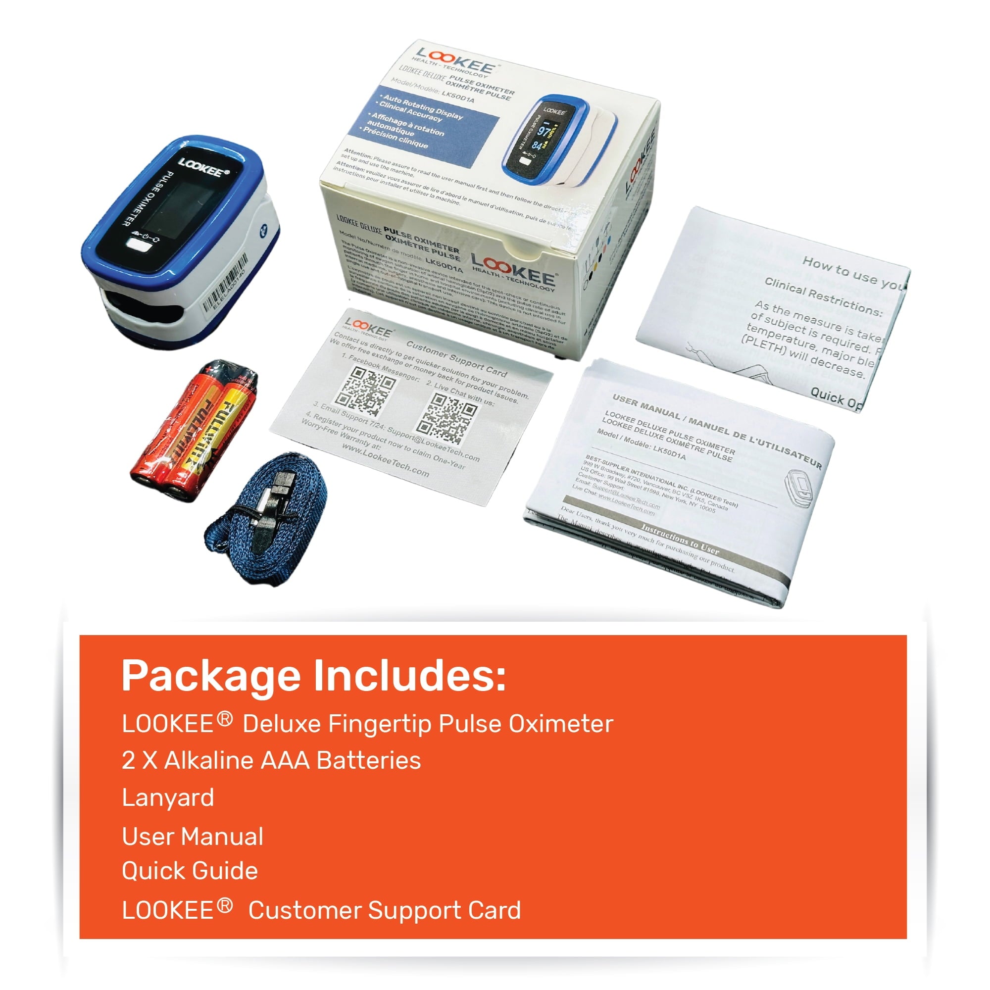 Experience Unmatched Precision with the LOOKEE Premium Fingertip Pulse Oximeter | FSA/HSA Eligible Oxygen Monitor with Auto-Rotate OLED Display & Essential Accessories Included