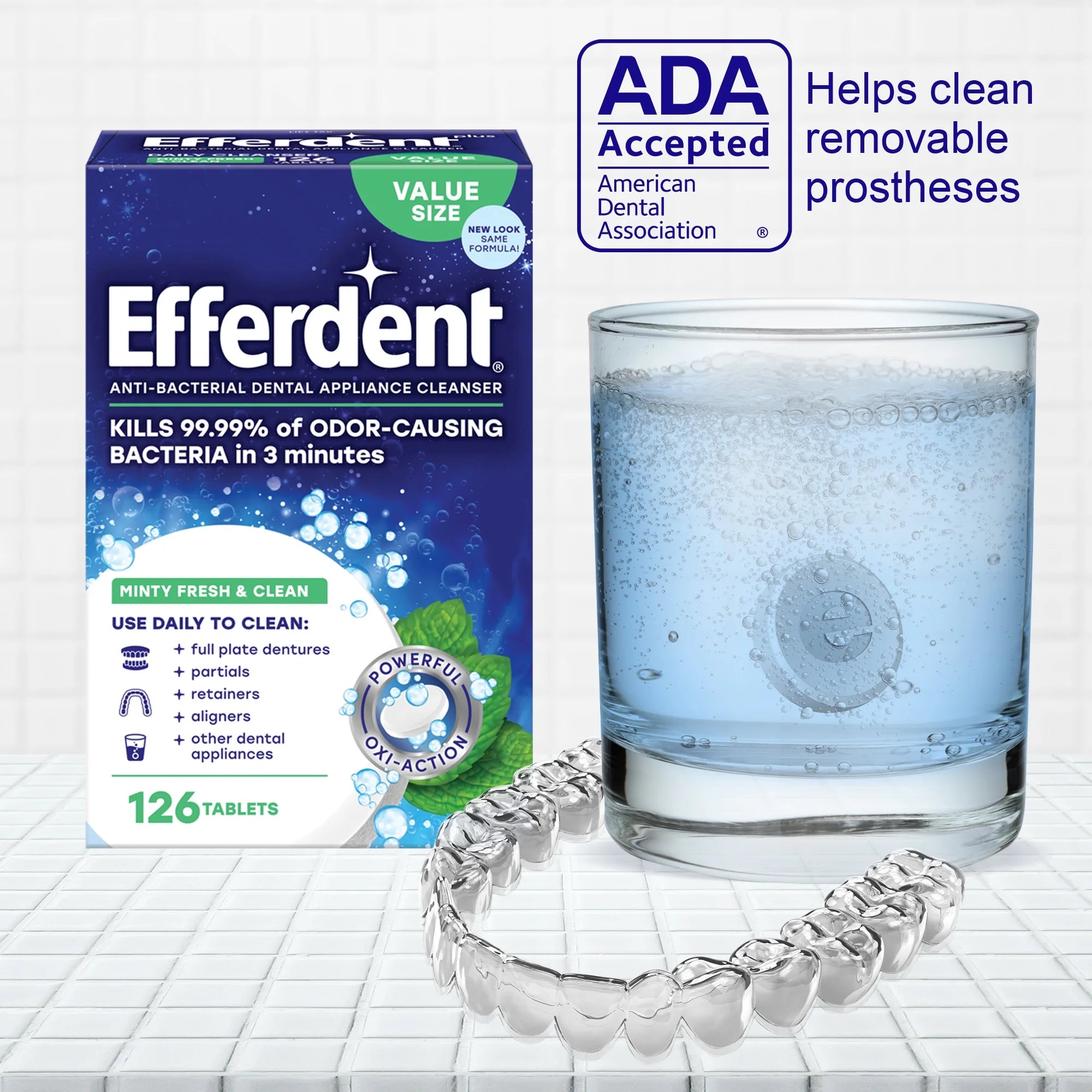 Efferdent Minty Fresh & Clean Retainer & Denture Cleaner Tablets - 126 Count for Ultimate Freshness and Odor Control