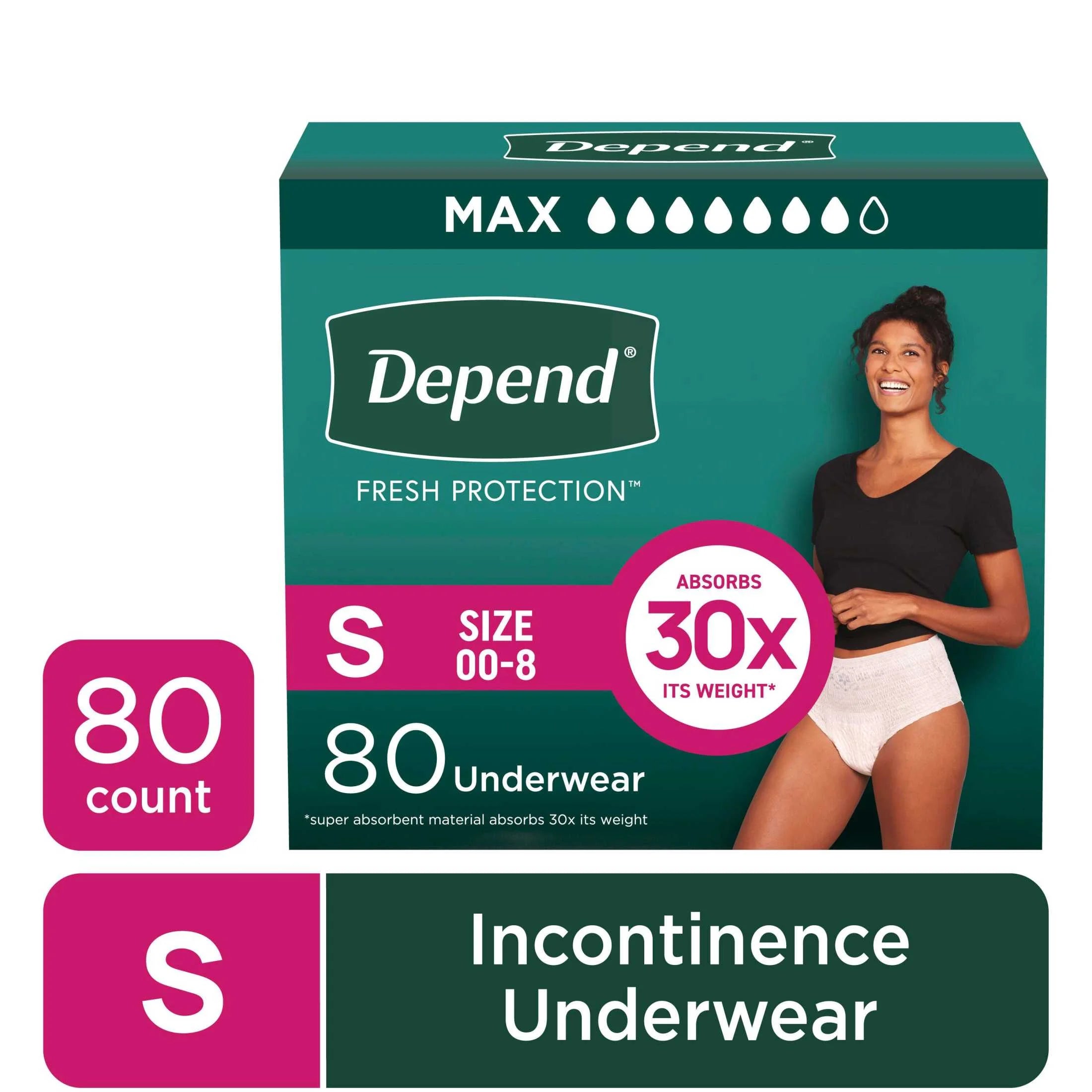 Depend Fresh Protection Incontinence Underwear for Women - Super Absorbent & Discreet Adult Diapers, Size S, 80 Count