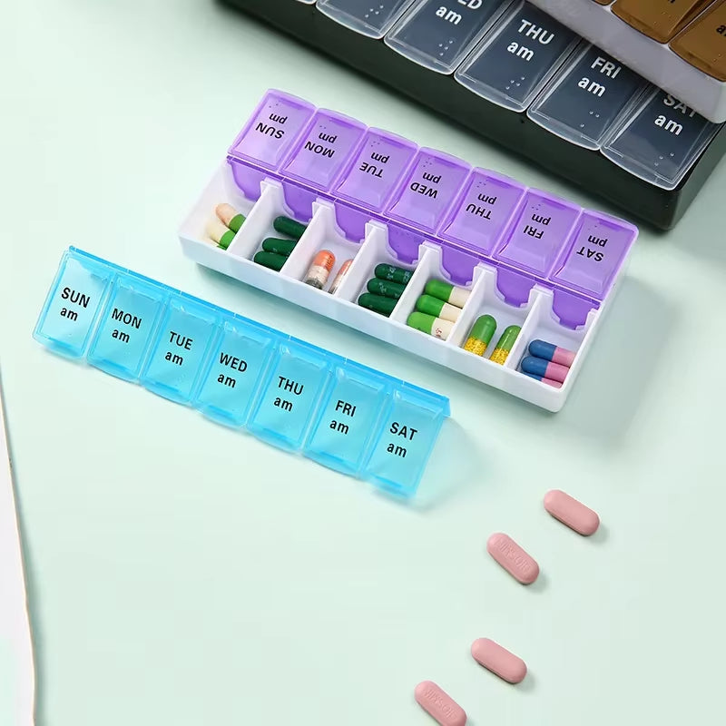 Weekly Pill Organizer: 7 Day Double Row Medicine Storage Box with 14 Compartments for Easy Medication Management