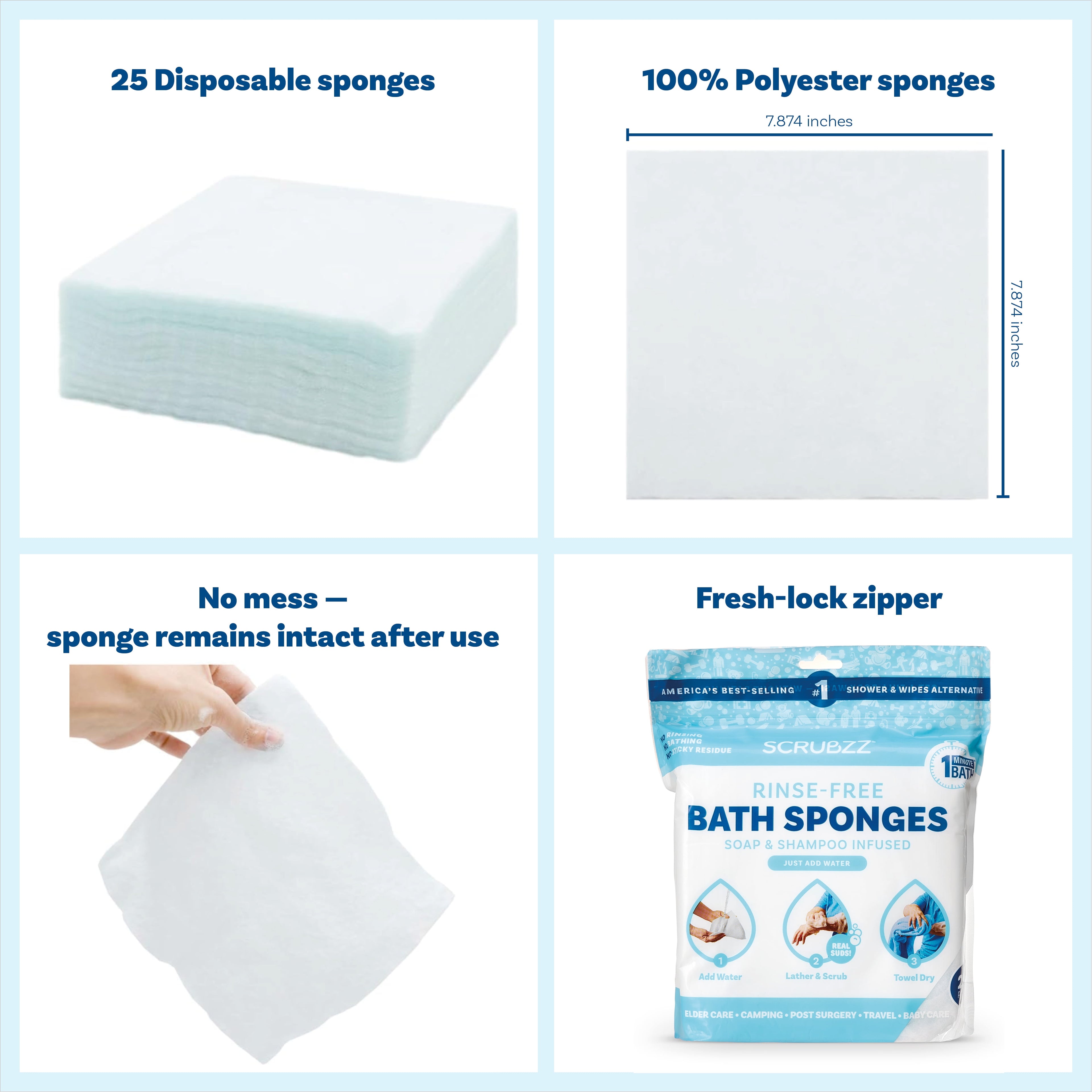 Experience Ultimate Freshness with Scrubzz Rinse Free Bath Sponges - 25 Convenient Wipes in One Pack