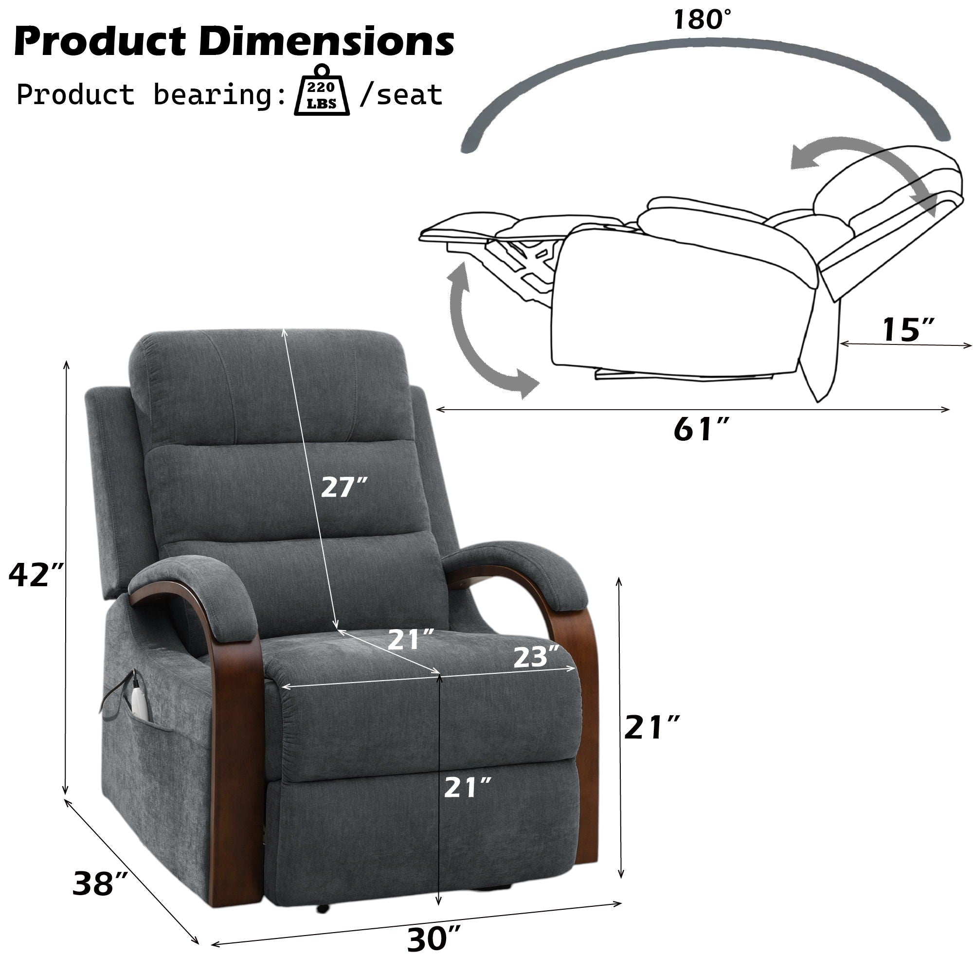 Kayla Power Recliner With Lift, Heating & Massage (Zero Gravity) - Gray