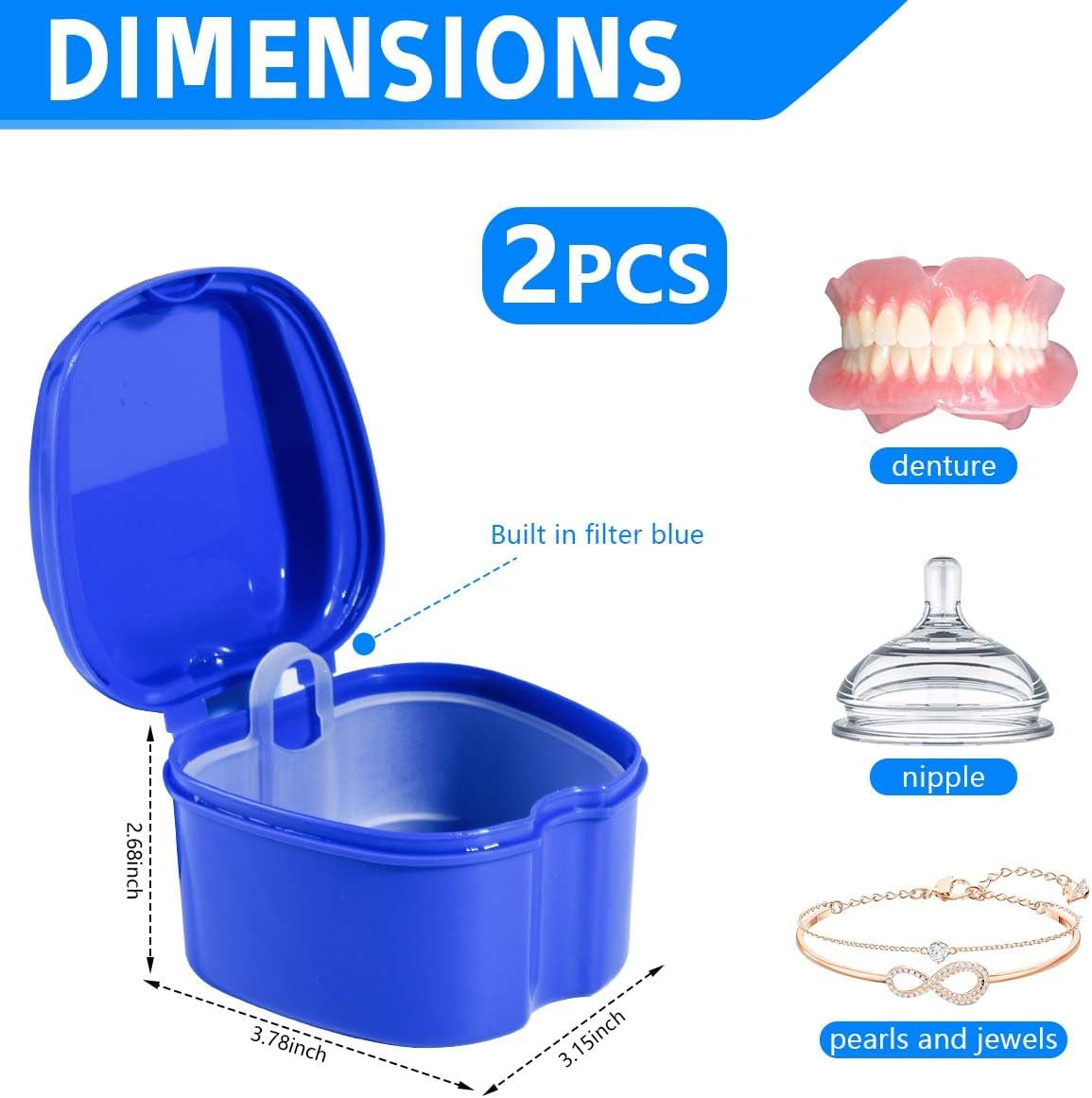 Denture Bath Case Cup Holder Set with Strainer Basket - Convenient 2 Pack for Travel and Cleaning in Light Blue and Blue