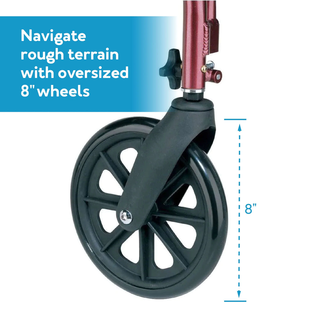 Premium Burgundy Aluminum Rolling Walker with 8" Wheels - Safe, Stylish, and Supports Up to 250 lbs